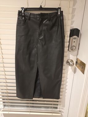 Classic Black Faux Leather Pencil Skirt with Center Slit